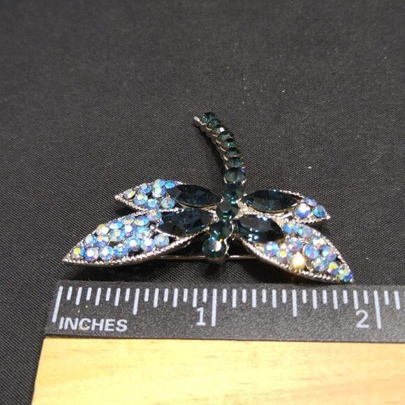 Dragonfly Brooch, Aurora Borealis, Deep Green Rhinestones, Silver Tone, 1 1/2 In - Picture 6 of 8